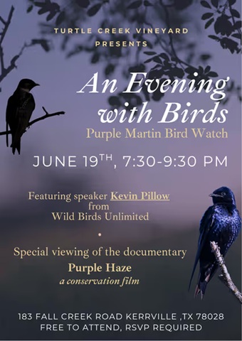 An Evening with Birds: Purple Martin Bird Watch at Turtle Creek Vineyard