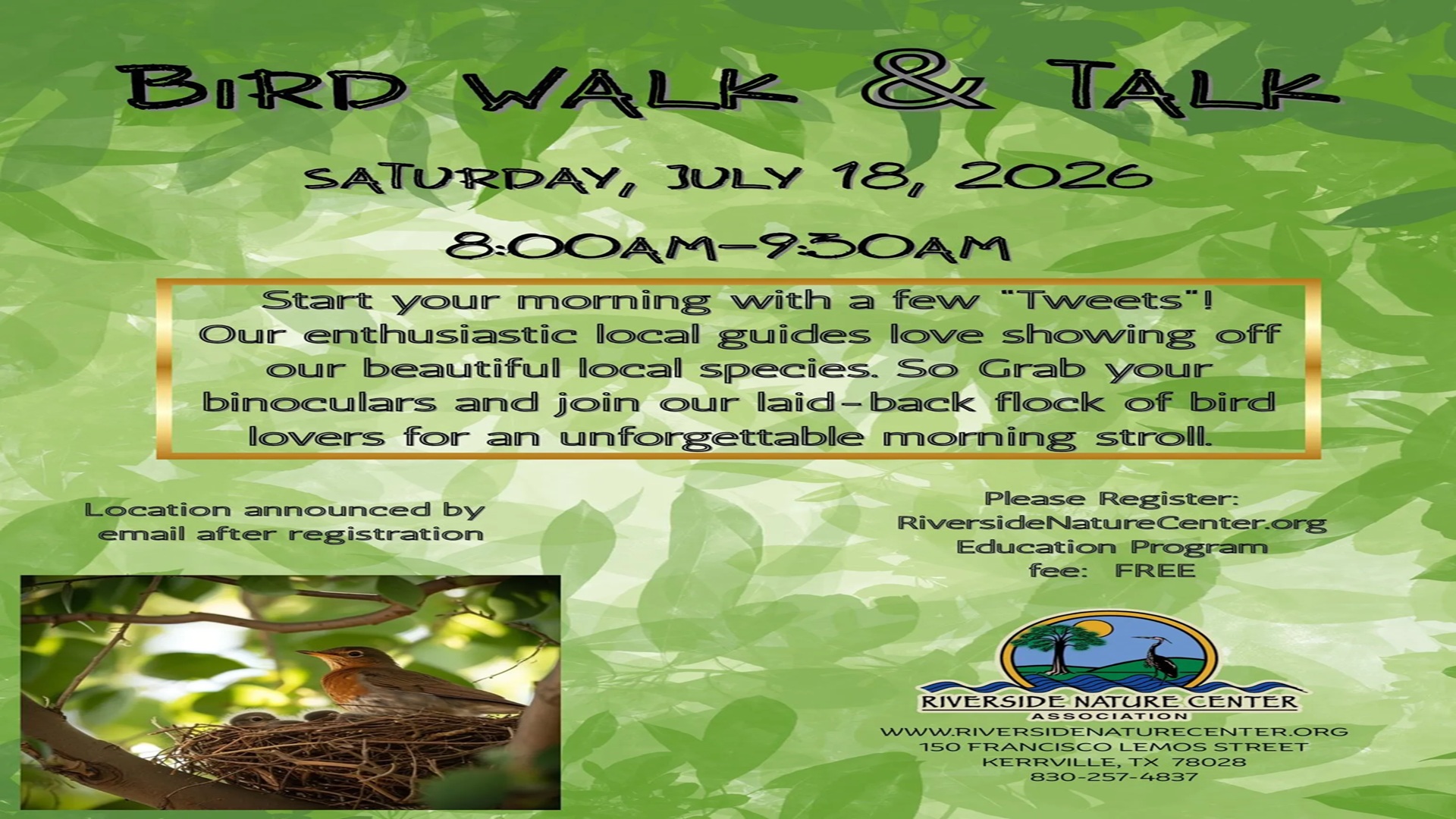 July Bird Walk & Talk at Riverside Nature Center Association