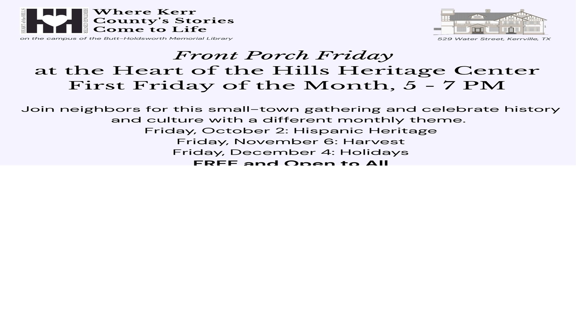 Front Porch Friday at the Heart of the Hills Heritage Center